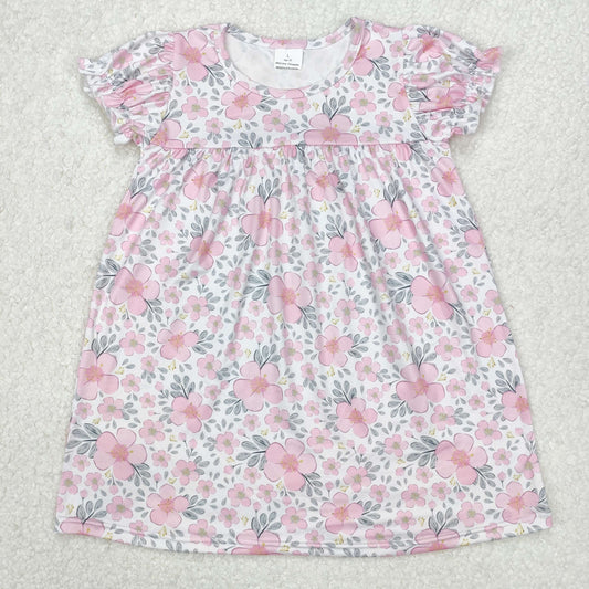 GSD2026  Pink Flowers Print Girls Summer Knee Length Dress