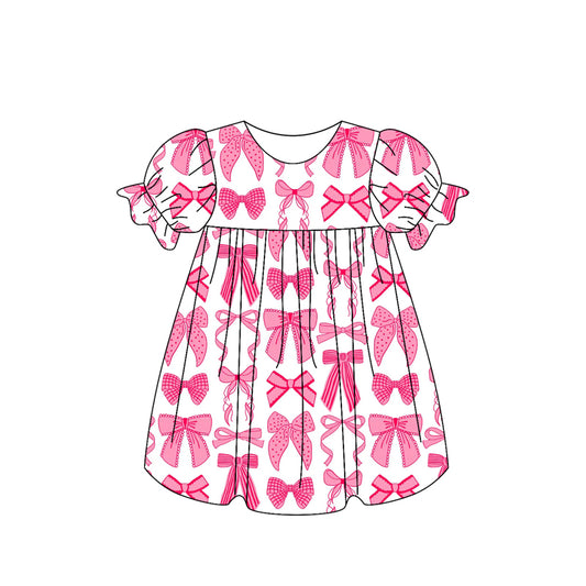 (Pre-order)GSD2027  Pink Bows Print Girls Summer Knee Length Dress