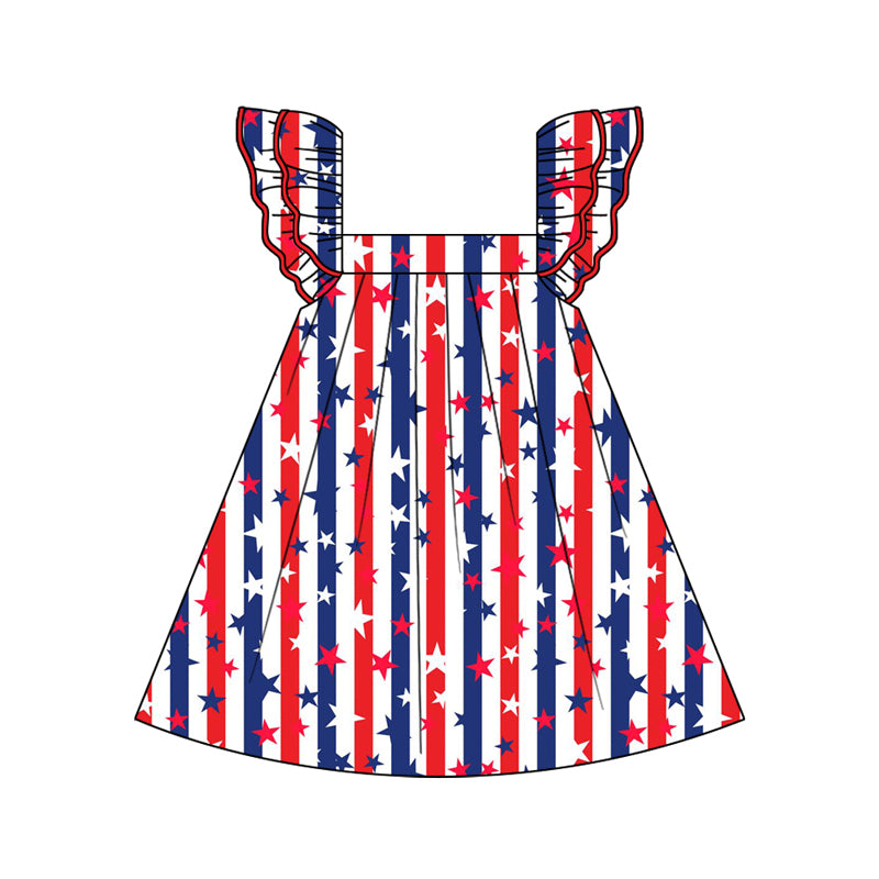 (Pre-order)GSD2031  Stars Stripes Print Girls 4th of July Knee Length Dress