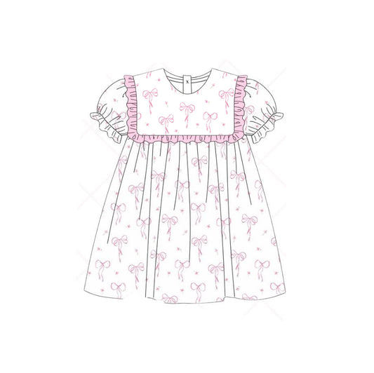 (Pre-order)GSD2036  Pink Bows Print Girls Summer Knee Length Dress