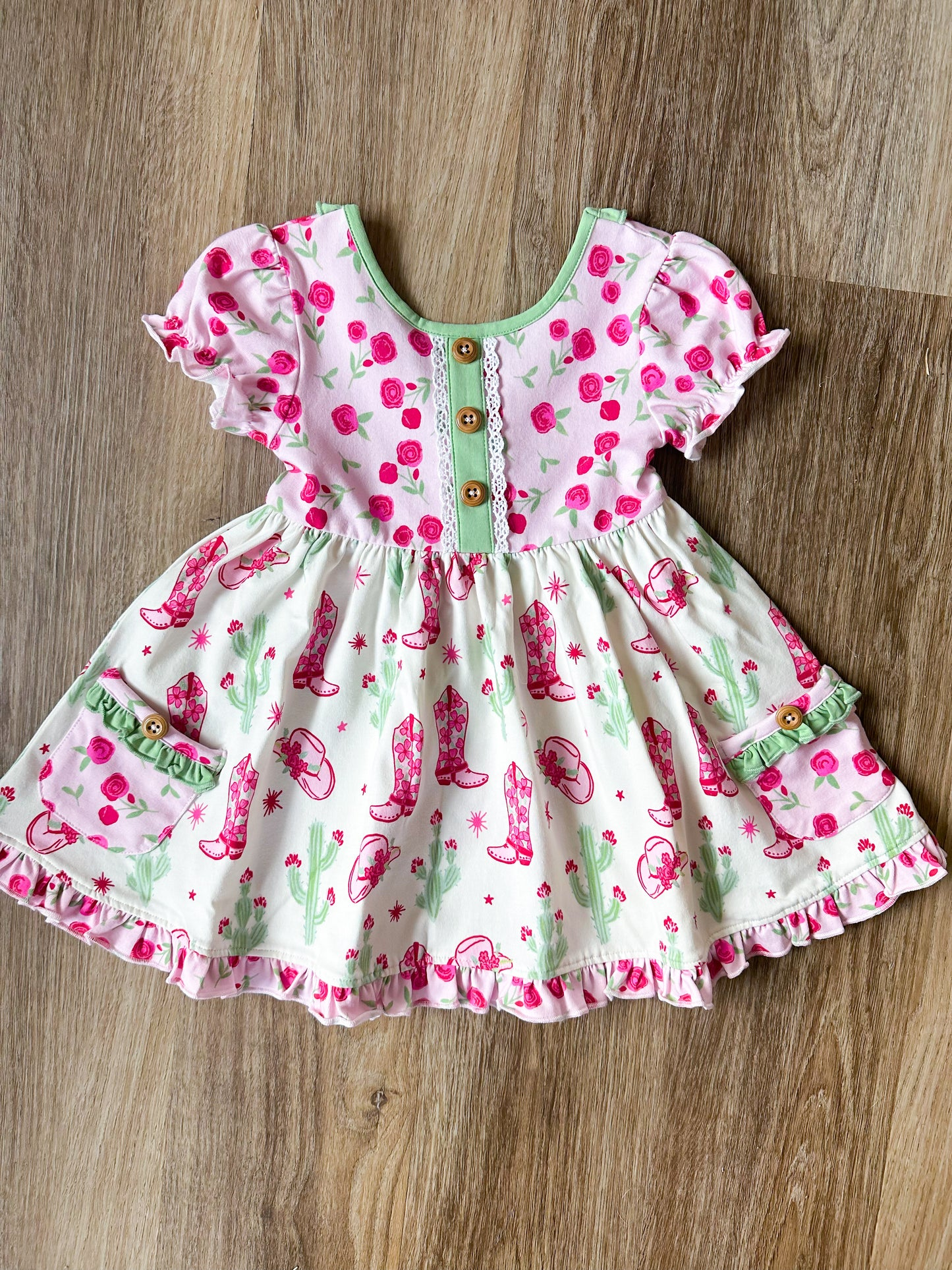 (Pre-order)GSD2038  Boots Hat Flowers Pink Print Pockets Girls Summer Knee Length Dress