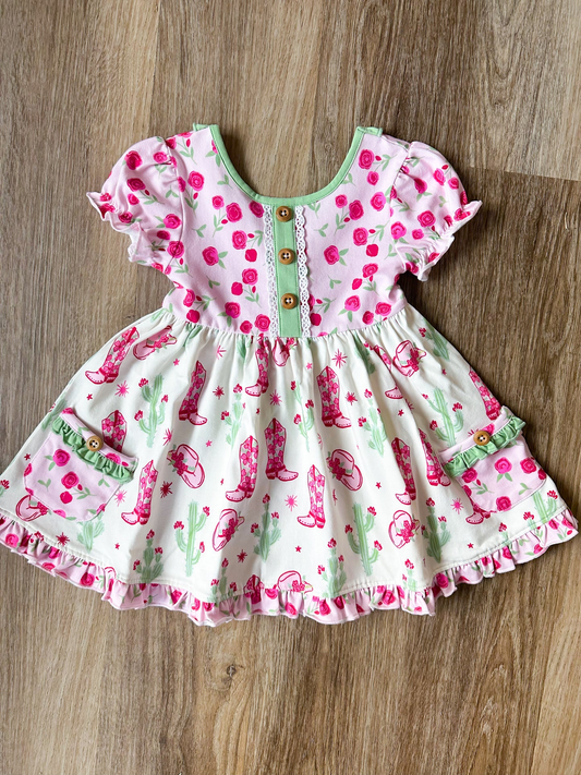 (Pre-order)GSD2038  Boots Hat Flowers Pink Print Pockets Girls Summer Knee Length Dress