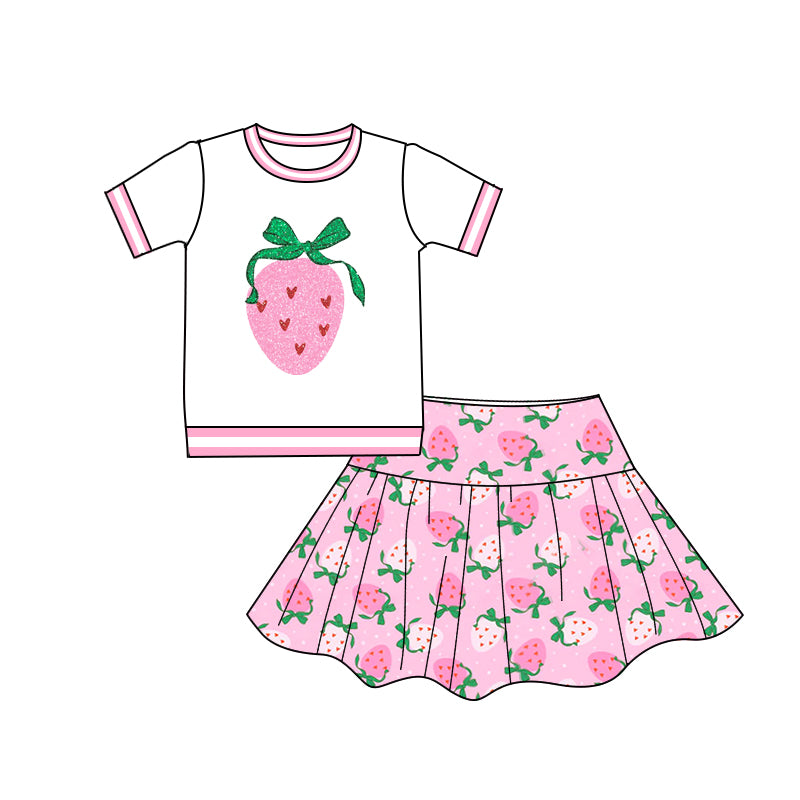 (Pre-order)GSD2039  Strawberry White Top Skirts Girls Summer Clothes Set