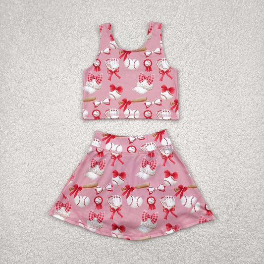 GSD2044 Baseball Bows Pink Tank Top Shorts Skirts Girls Summer Yoga Clothes Set