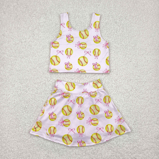 GSD2045 Softball Bows Pink Tank Top Shorts Skirts Girls Summer Yoga Clothes Set