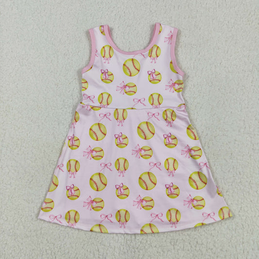 GSD2048 Softball Bows Pink Print Print Girls Summer Zipper Knee Length Yoga Shorts Dress