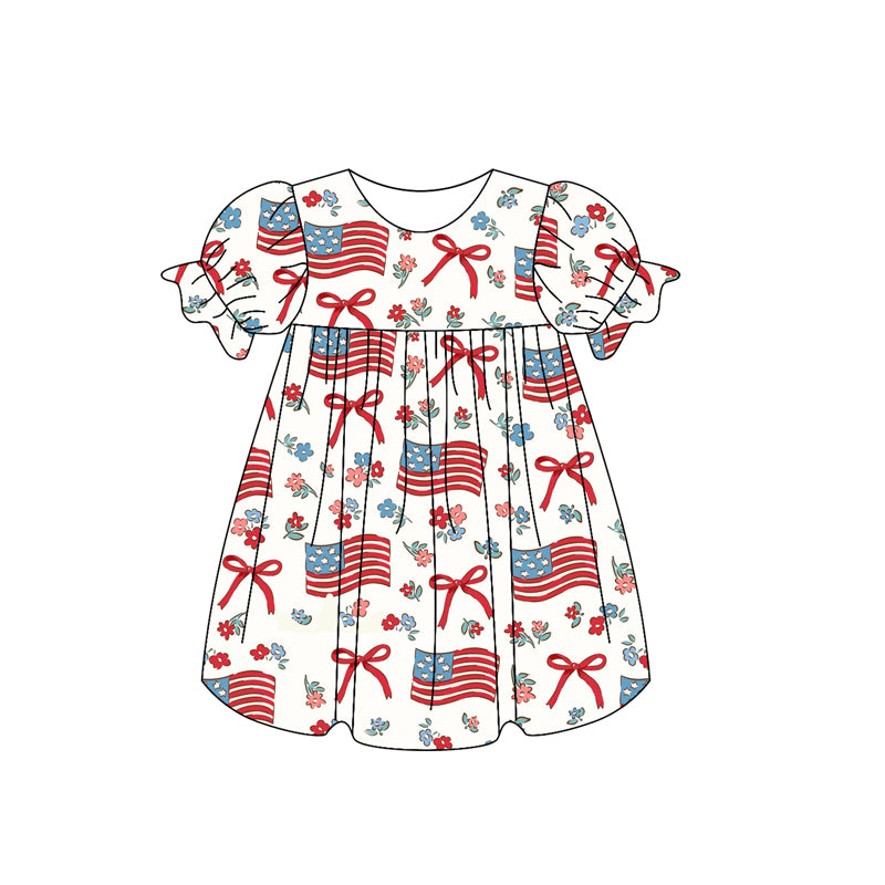 (Pre-order)GSD2052  Flag Bows Print Girls 4th of July Knee Length Dress