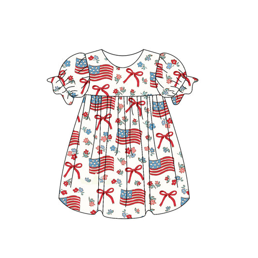 (Pre-order)GSD2052  Flag Bows Print Girls 4th of July Knee Length Dress