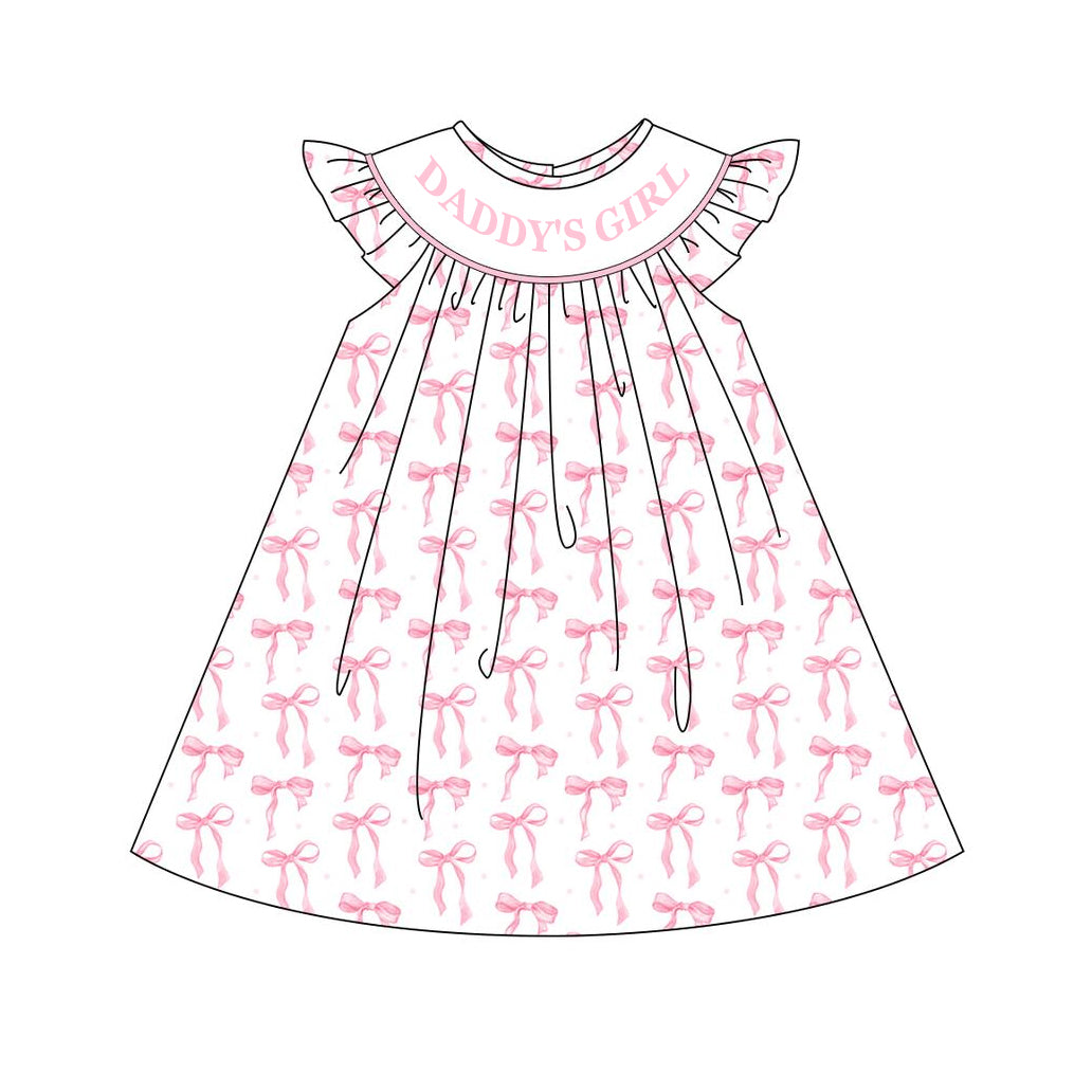 (Pre-order)GSD2054  DADDY'S GIRL Pink Bows Print Girls Summer Knee Length Dress