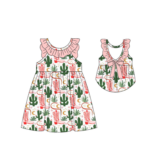(Pre-order)GSD2056  Cactus Boots Print Girls Summer Knee Length Dress