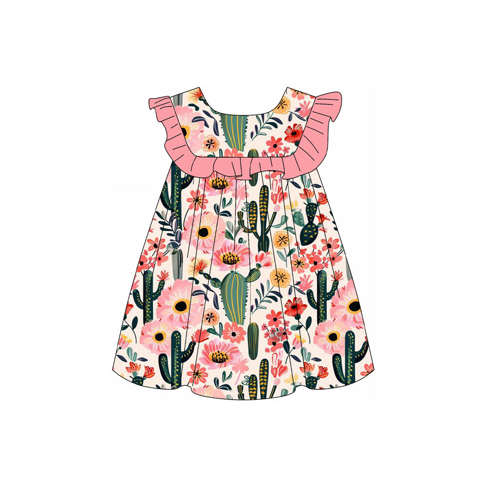 (Pre-order)GSD2058  Cactus Flowers Print Girls Summer Knee Length Dress