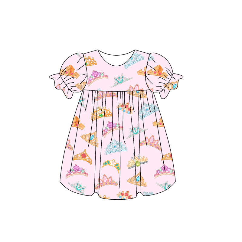 (Pre-order)GSD2060  Cartoon Princess Crown Print Girls Summer Knee Length Dress