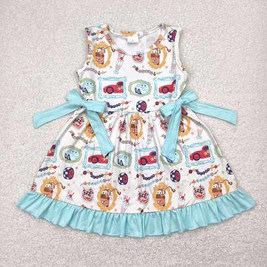 GSD2061  Cartoon Cars Cake Print Girls Summer Knee Length Dress