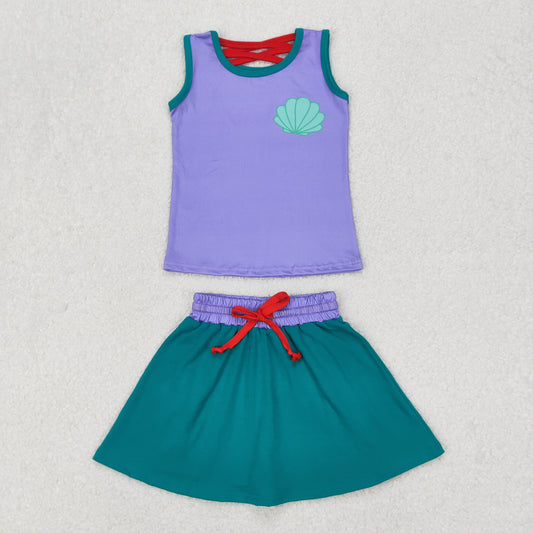 GSD2064 Cartoon Princess Purple Tank Top Green Skirts Shorts Girls Summer Clothes Set