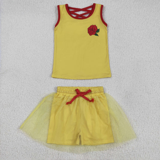 GSD2070 Cartoon Princess Yellow Vest Top Skirts Girls Summer Clothes Set