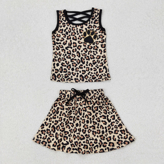 GSD2077 Leopard Paw Tank Top Skirts Shorts Girls Summer Clothes Set