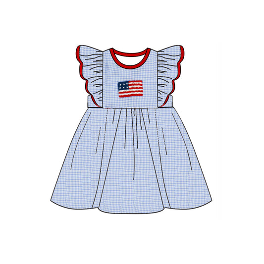(Pre-order)GSD2081  Flag Plaid Print Girls 4th of July Knee Length Dress