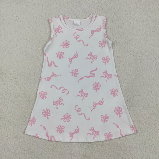 GSD2083  Pink Bows Print Girls Summer Knee Length Dress