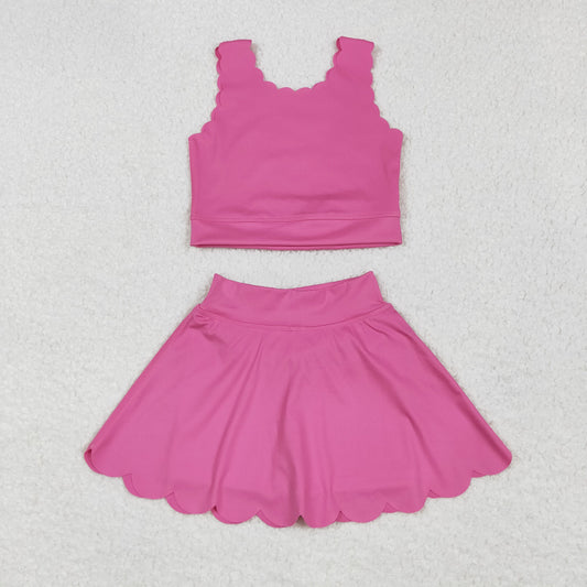 GSD2092 Pink Color Sleeveless Crop Top Skirts Shorts Girls Summer Yoga Clothes Set