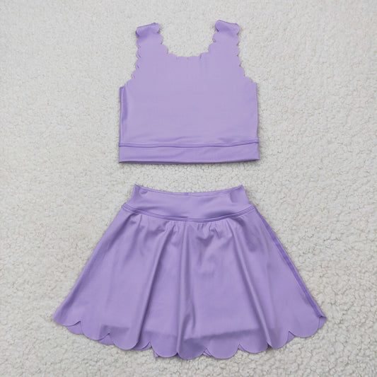GSD2095 Purple Color Sleeveless Crop Top Skirts Shorts Girls Summer Yoga Clothes Set
