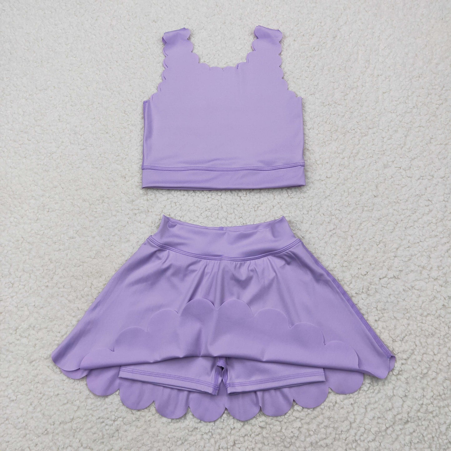 GSD2095 Purple Color Sleeveless Crop Top Skirts Shorts Girls Summer Yoga Clothes Set