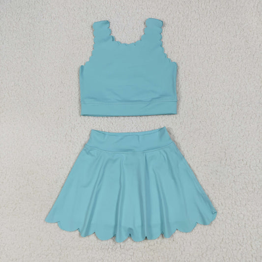 GSD2096 Blue Color Sleeveless Crop Top Skirts Girls Summer Yoga Clothes Set