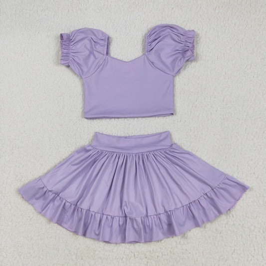 GSD2099 Purple Color Crop Top Ruffle Skirts Shorts Girls Summer Yoga Clothes Set