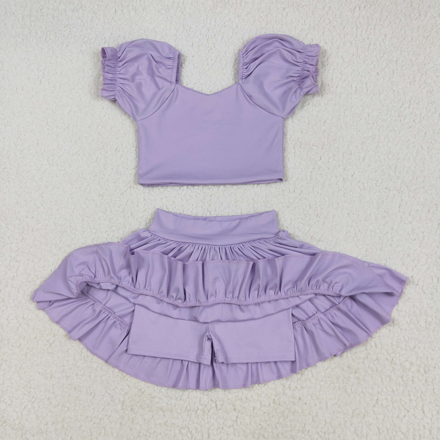 GSD2099 Purple Color Crop Top Ruffle Skirts Shorts Girls Summer Yoga Clothes Set