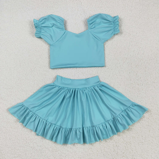GSD2101 Blue Color Crop Top Ruffle Skirts Shorts Girls Summer Yoga Clothes Set