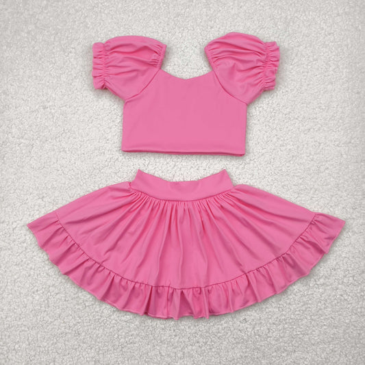 GSD2102 Pink Color Crop Top Ruffle Skirts Girls Summer Yoga Clothes Set