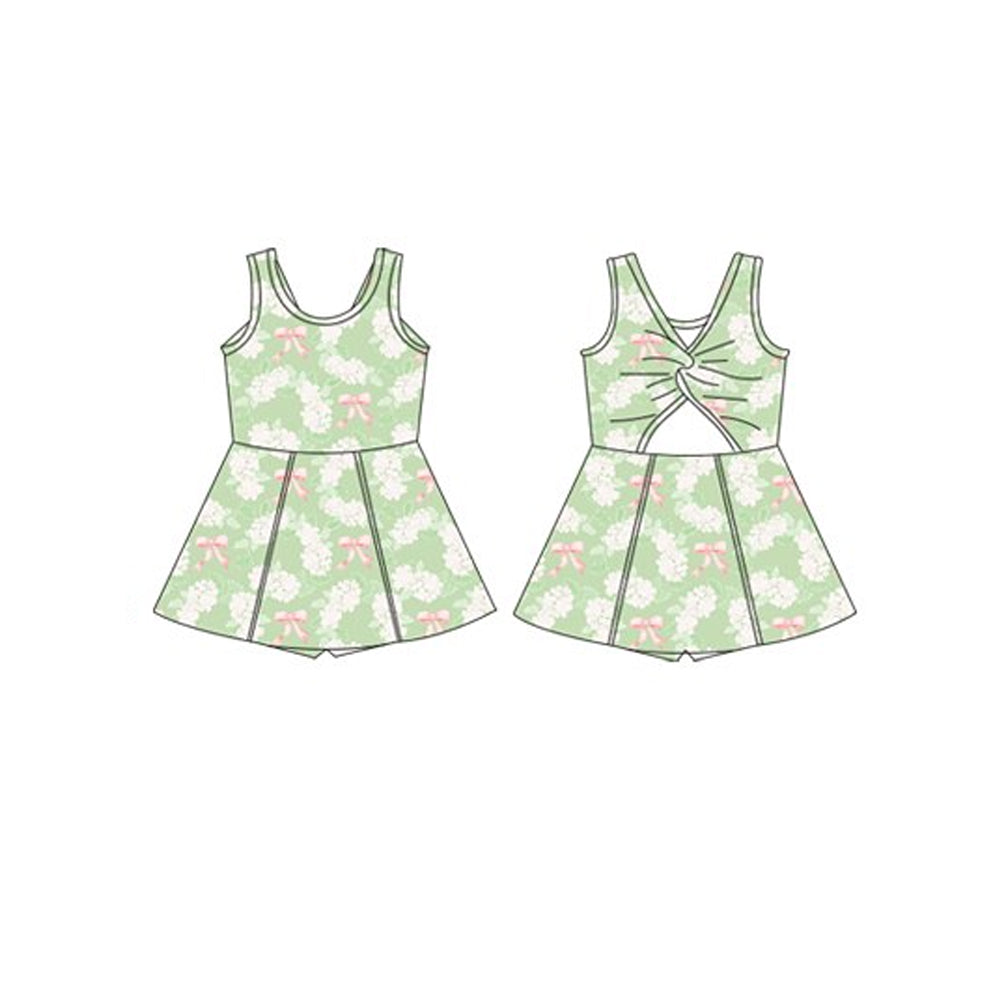 (Pre-order)GSD2116 Green Flowers Bows Print Girls Summer Athletic Shorts Knee Length Dress