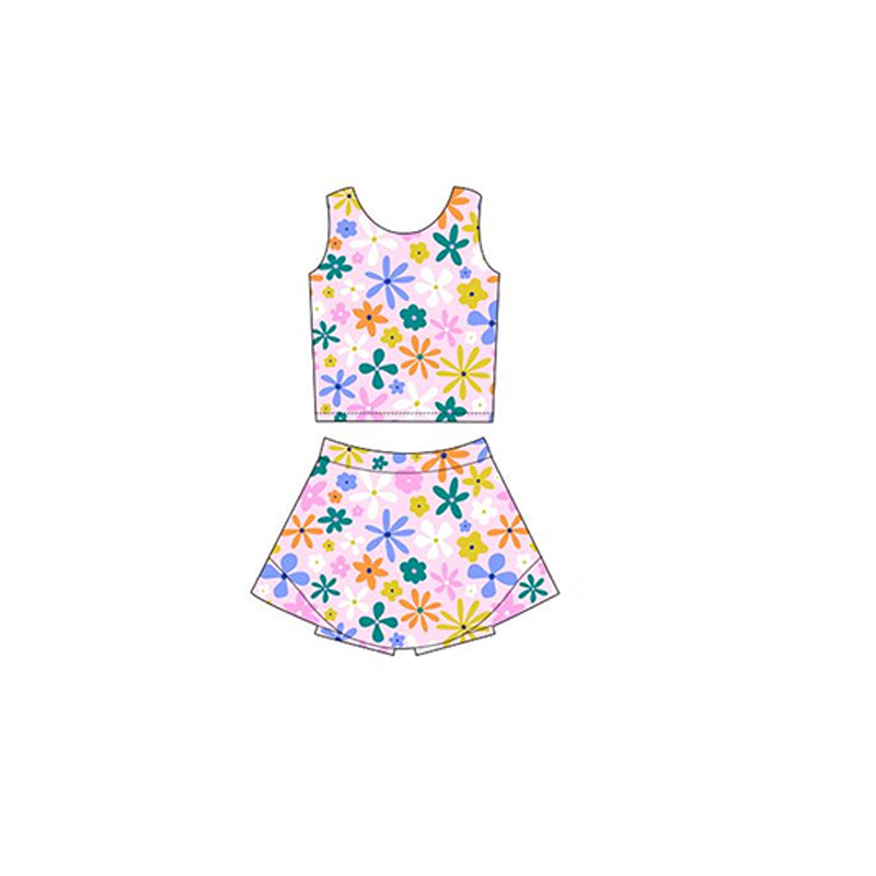 (Pre-order)GSD2120 Colorful Flowers Print Skirts Shorts Girls Summer Yoga Clothes Set