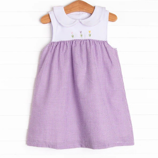 (Pre-order)GSD2129  Flowers Purple Plaid Print Girls Summer Knee Length Dress