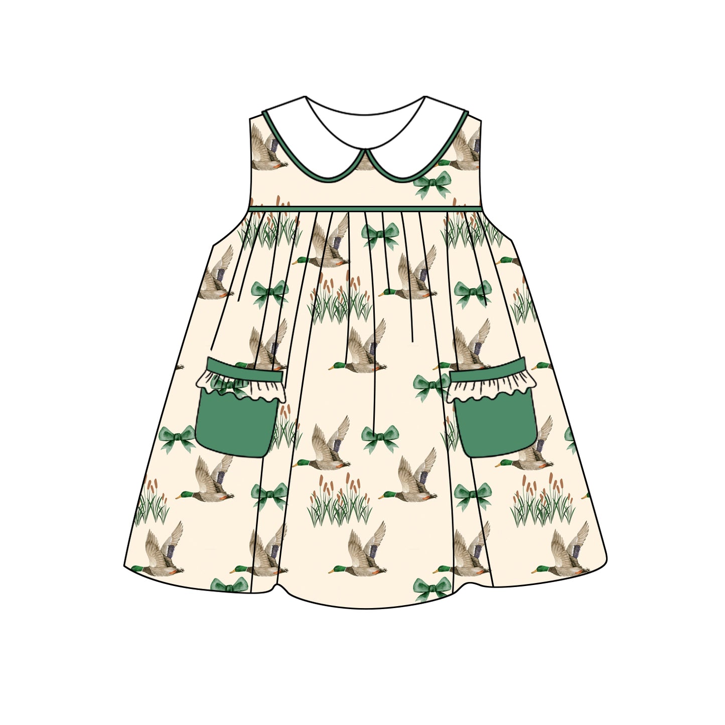 (Pre-order)GSD2130  Duck Green Bows Print Girls Summer Knee Length Dress