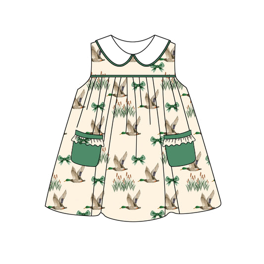 (Pre-order)GSD2130  Duck Green Bows Print Girls Summer Knee Length Dress