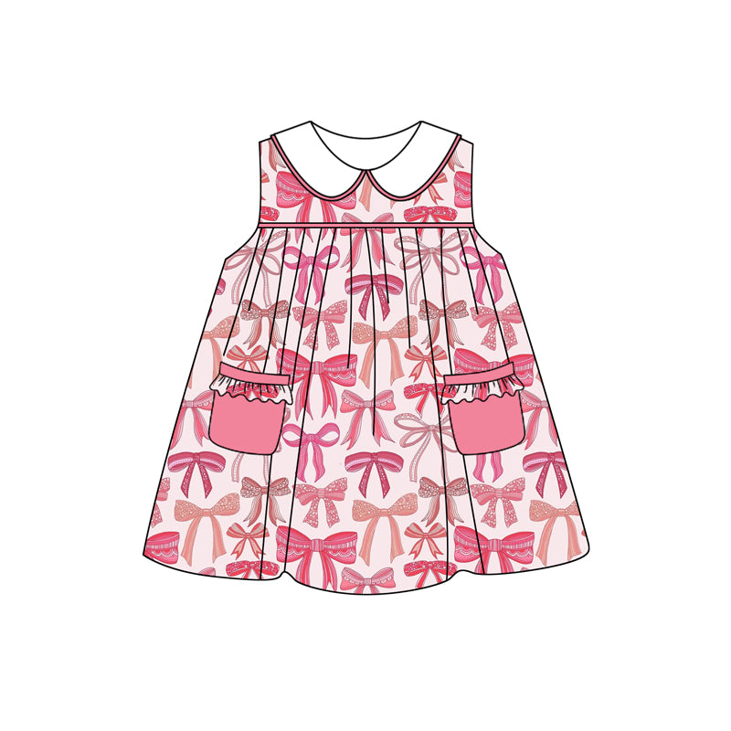 (Pre-order)GSD2139  Pink Bows Print Pockets Girls Summer Knee Length Dress
