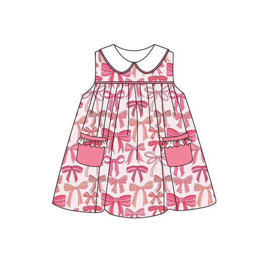 (Pre-order)GSD2139  Pink Bows Print Pockets Girls Summer Knee Length Dress