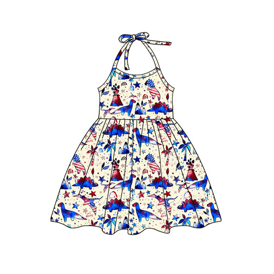 (Pre-order)GSD2140  Dino Stars Print Girls 4th of July Knee Length Dress