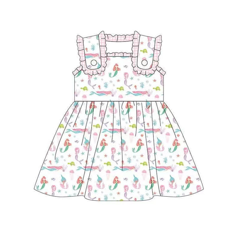 (Pre-order)GSD2142  Mermaid Print Girls Summer Knee Length Dress