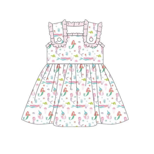 (Pre-order)GSD2142  Mermaid Print Girls Summer Knee Length Dress