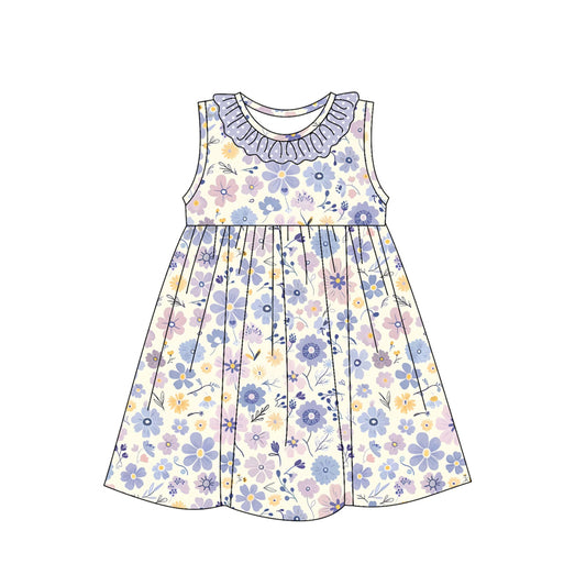 (Pre-order)GSD2145  Purple Flowers Print Girls Summer Knee Length Dress