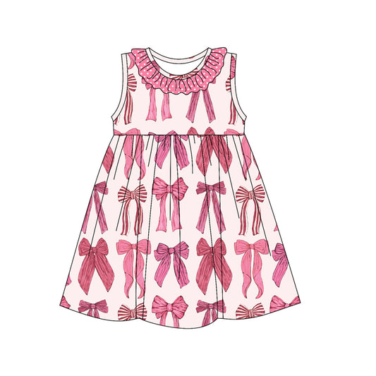 (Pre-order)GSD2146  Pink Bows Print Girls Summer Knee Length Dress