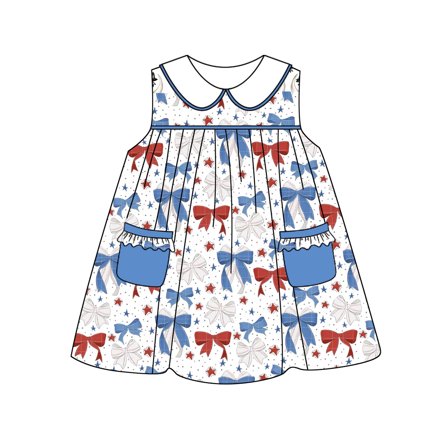 (Pre-order)GSD2148  Red Blue Stars Bows Print Girls 4th of July Knee Length Dress