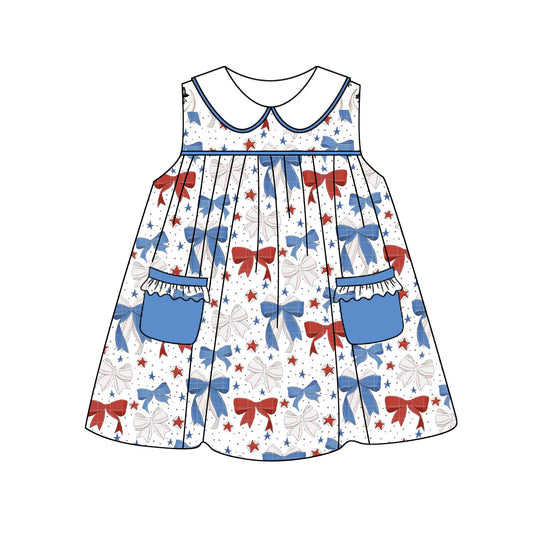 (Pre-order)GSD2148  Red Blue Stars Bows Print Girls 4th of July Knee Length Dress