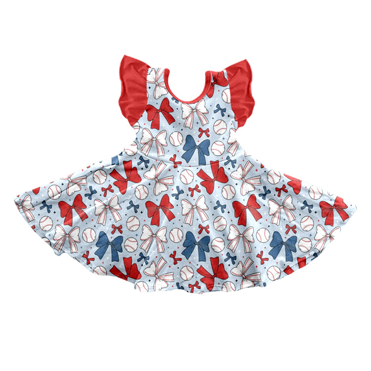 (Pre-order)GSD2149  Baseball Red Blue Bows Print Girls Summer Knee Length Dress