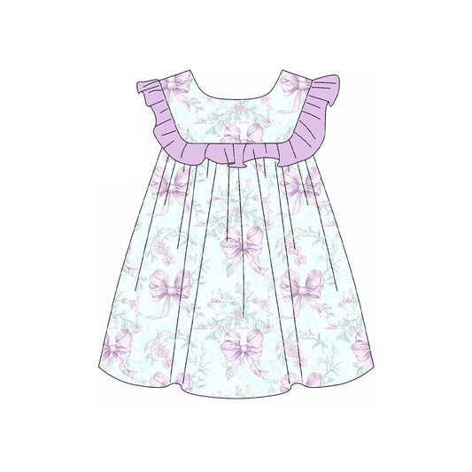 (Pre-order)GSD2158  Flowers Purple Bows Print Girls Summer Knee Length Dress