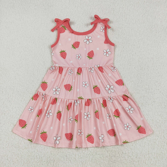 GSD2159  Strawberry Flowers Print Girls Summer Knee Length Dress