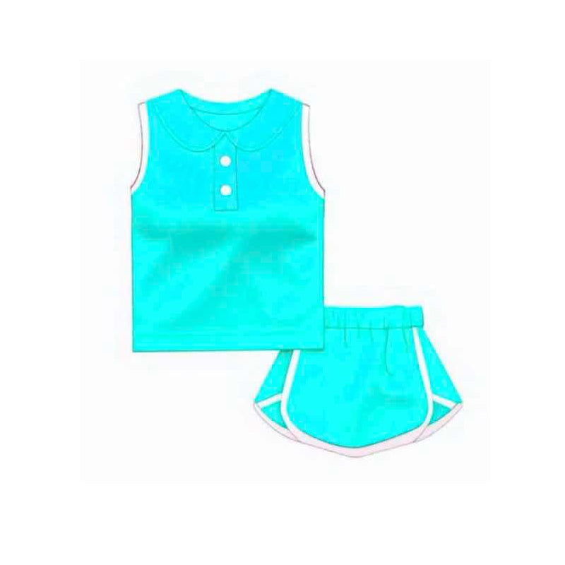 (Pre-order)GSD2160  Blue Color Sleeveless Polo Top Skirts Shorts Girls Summer Sports Clothes Set