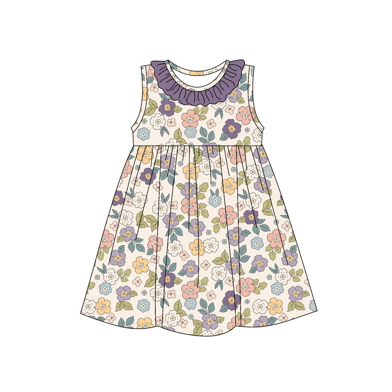 (Pre-order)GSD2168  Colorful Flowers Print Girls Summer Knee Length Dress