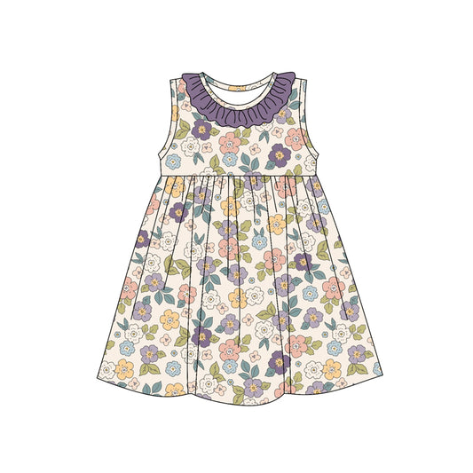 (Pre-order)GSD2168  Colorful Flowers Print Girls Summer Knee Length Dress